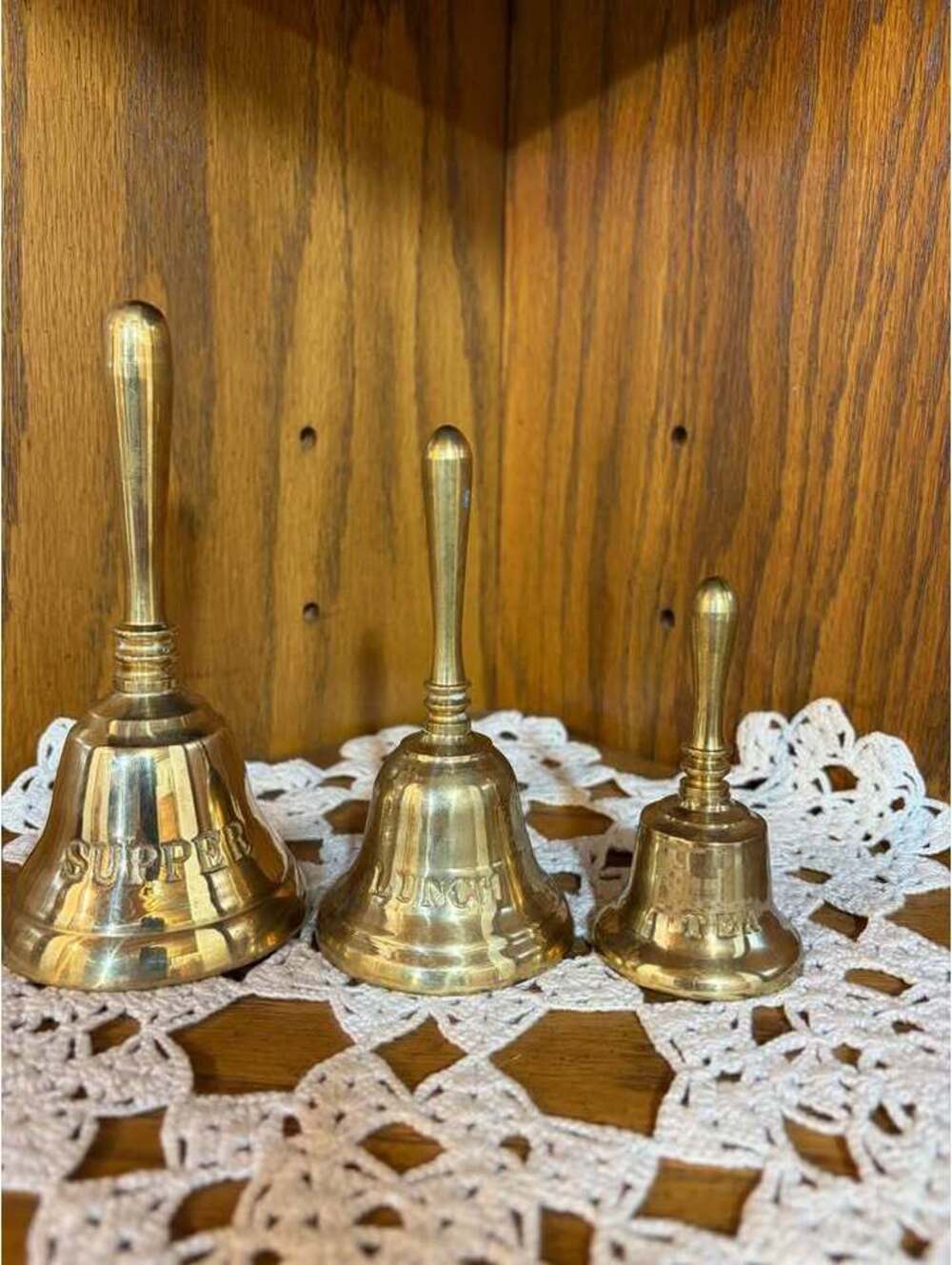 Vintage Solid Brass Hand Bells Set of 3 - Supper, Lunch, & Tea